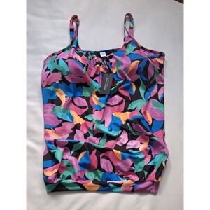 Ocean blues Women's Plus‎ Blouson Bandeau Tankini Top Tropical Leaves Size XL